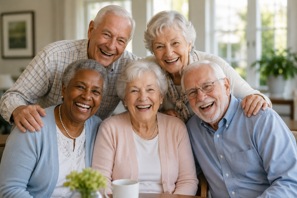 Older couple enjoying coffee in a comfortable senior living setting.